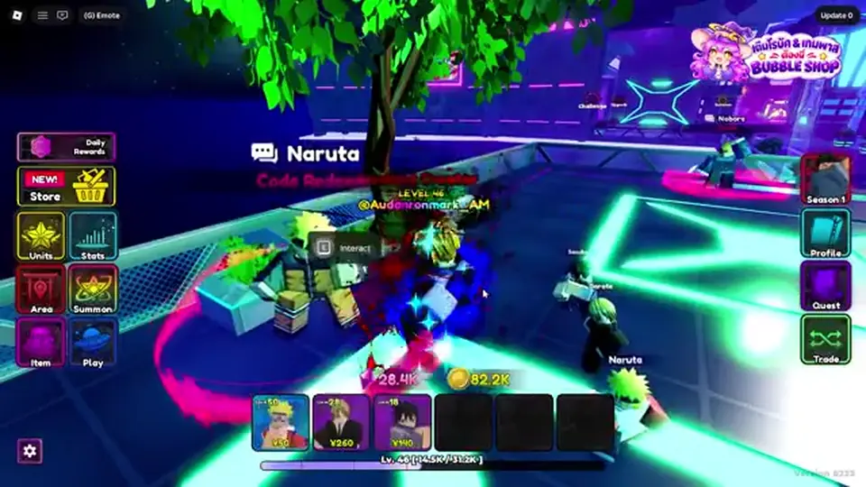 Anime Mysterious lobby NPC Naruta labeled Code Redeem with Summon, Gems, and Yen on the HUD