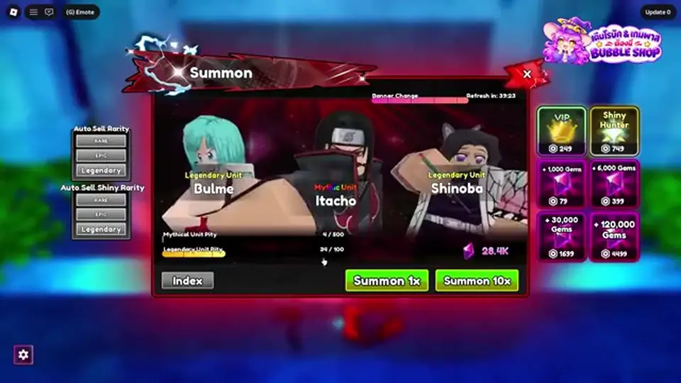 Anime Mysterious Summon banner with Bulme, Itacho, Shinoba, Summon 1x, Summon 10x, and Gems