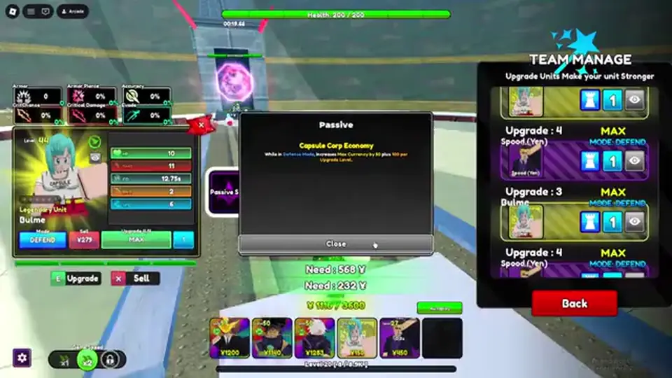 Anime Mysterious unit inspect showing stats, Upgrade, Sell, and Capsule Corp Economy passive