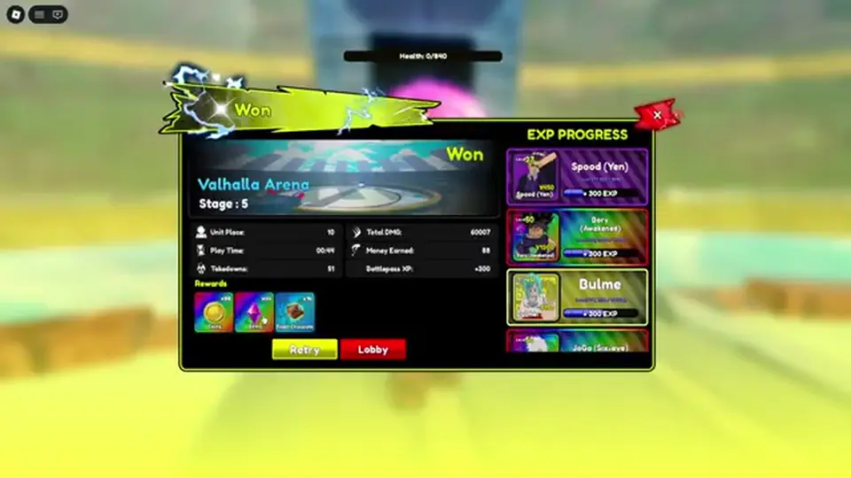 Anime Mysterious Valhalla Arena win screen listing Spood Yen, Bory Awakened, Bulme, and JoGo Six-eye